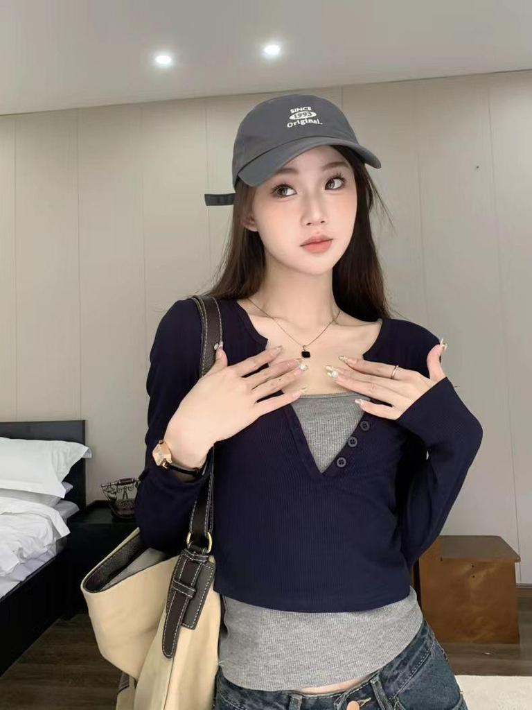 Korean Style Slim Fit Long Sleeve T-shirt - Women's Versatile Two-Piece Look, 260g, Autumn Winter Temperament