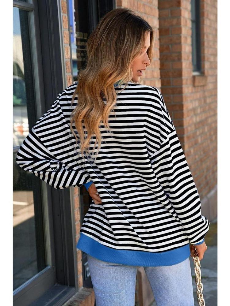 Dámská ležérní nadměrná pruhovaná mikina volného střihu pulovr top s dlouhým rukávem kulatým výstřihem pohodlný svetr tričko