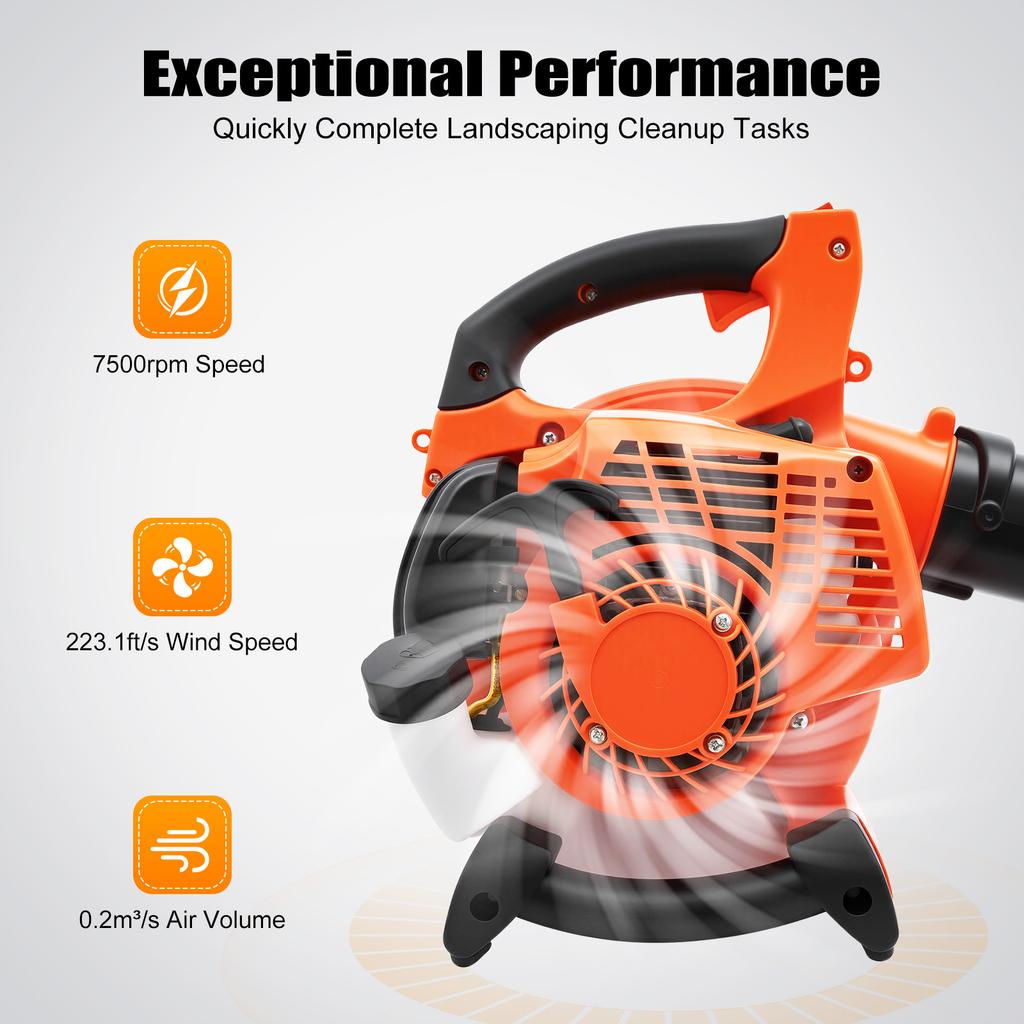 Gasoline Leaf Blower 25.4CC 2-Stroke Handheld Blower 7500RPM for Yard Lawn Cleaning Leaf Snow Blowing with 2 Pipes