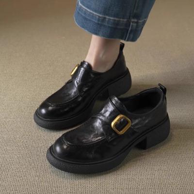 Retro-style Women's Thick-soled One-piece Platform High-heeled Leather Shoes