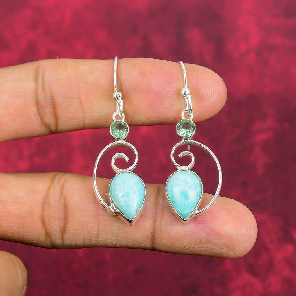 Boucles d'oreilles en argent sterling massif 925 avec larimar et améthyste verte, bijoux en pierres précieuses faits à la main pour le Memorial Day