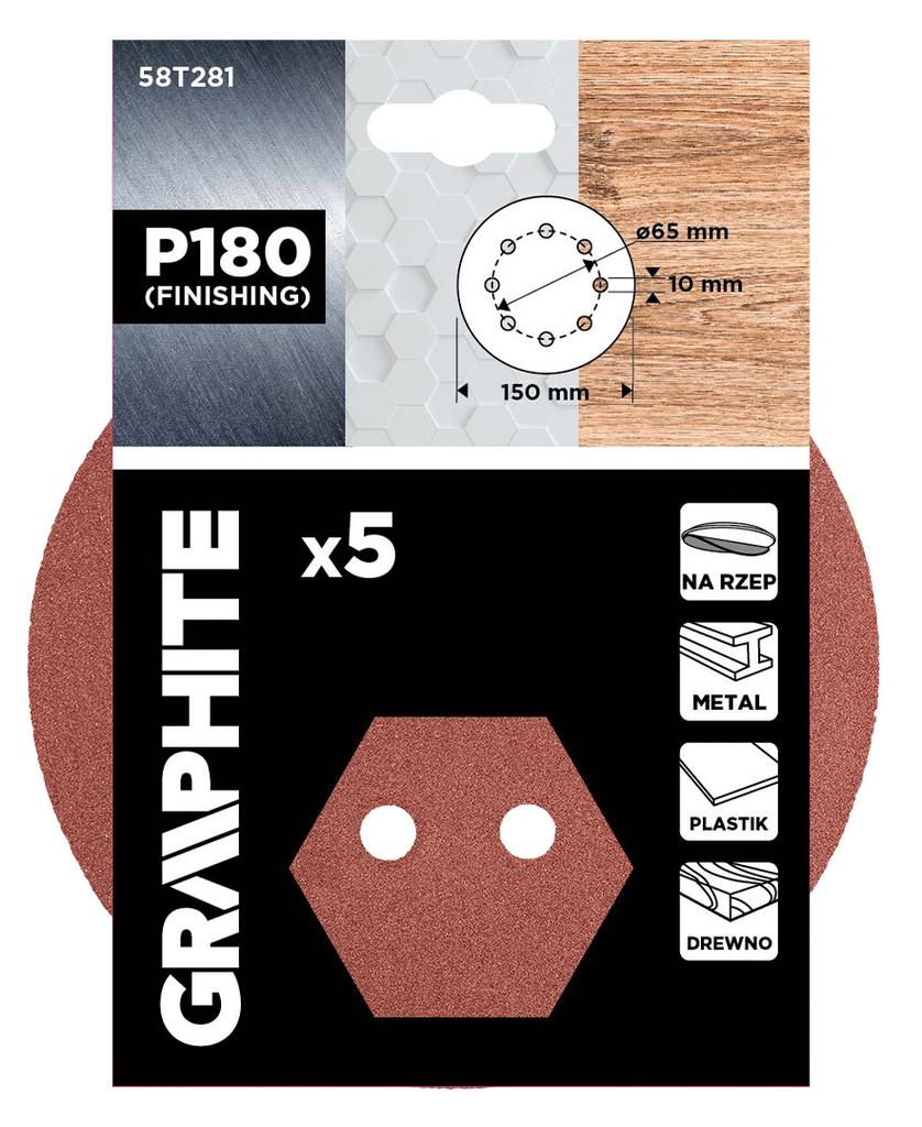 Krążki ścierne na rzep 150 mm, P180, 5 szt., z 8 otworami