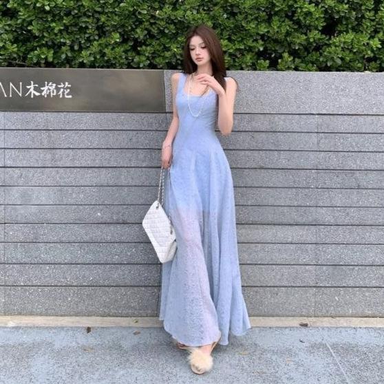 French blue waist suspender long dress dress summer French square neck texture skirt beautiful waist skirt