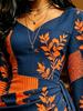 Women's Blue Orange Patchwork Print V Neck Wrap Maxi Dress Ruched Waist Kimono Sleeve Vintage Dress