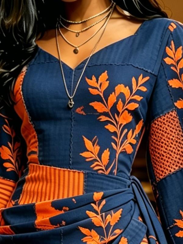Women's Blue Orange Patchwork Print V Neck Wrap Maxi Dress Ruched Waist Kimono Sleeve Vintage Dress