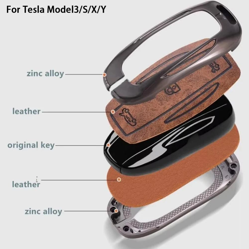 For Tesla Model3/S/X/Y Car Zinc Alloy Leather Key Case Cover Holder Protector Keychain Interior Accessories Key Case for Car