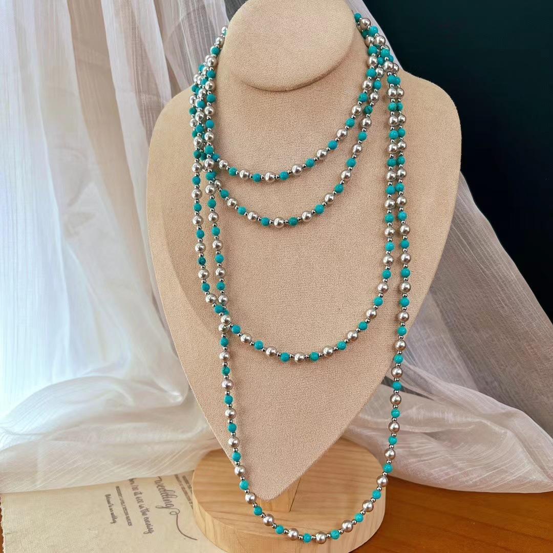 

Vintage 616 Real Multi-Hemp Shijia Quality Pearl Faux Turquoise Sweater Chain Long Chain Necklace