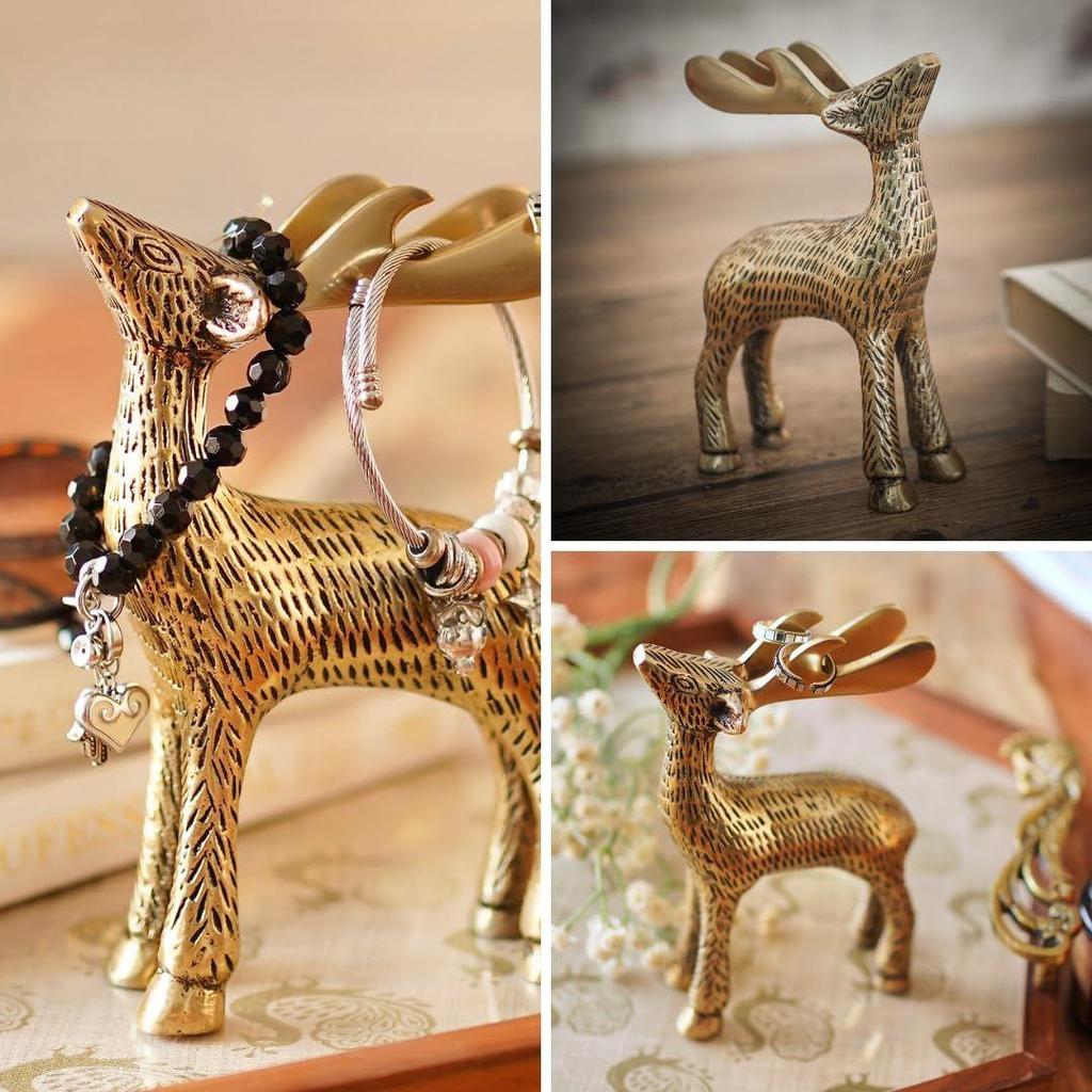 Golden Aluminium Christmas Reindeer Figurine Statue 2 Pcs | Reindeer Showpiece for Tabletop, Bookshelf, Desktop, Cabinets, (Jewellery Not Included)