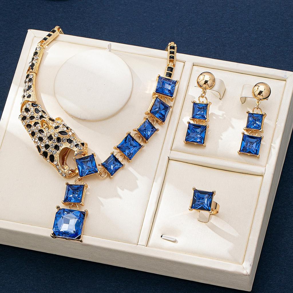 Leopard Blue Diamond Jewelry Set Gold Plated Panther Pendant Choker Earrings Ring Wild Luxury Women Accessories