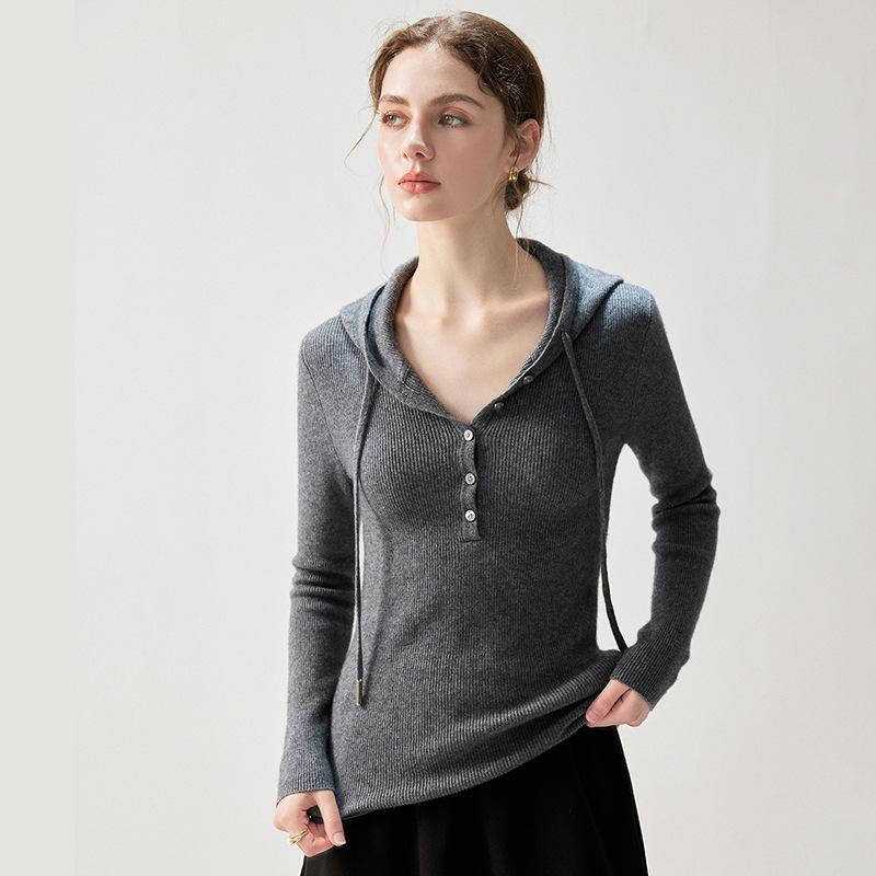 Women's Elegant Ribbed Cashmere Pullover - Slim Fit, Hooded, Solid Color, Autumn 2026 Collection.