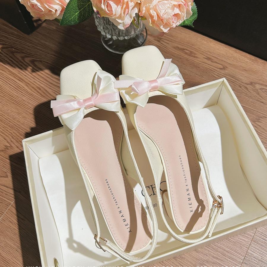 Baotou back empty sandals square head high heels women's thick heel gentle style bow middle heel single shoes with skirt