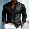 Men's Shirt with Geometric Pattern Print, Men's Long Sleeved Shirt, Black Slim Fit Shirt, Fashionable Design, Men's Clothing