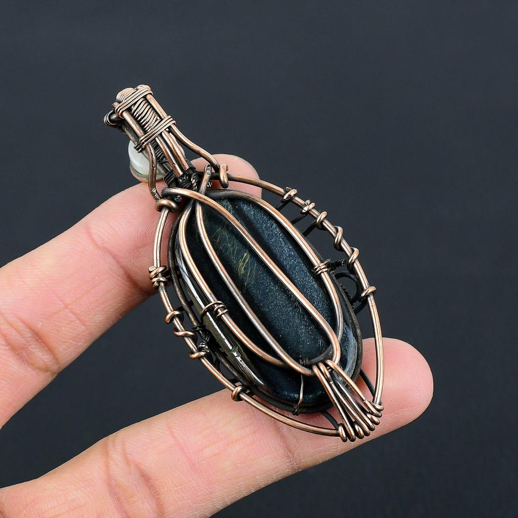 Blue Tiger Eye & Moonstone Gemstone Handmade Pure Copper Wire Wrap Jewelry Pendant