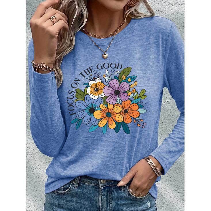 Women's Casual Sports Long Sleeve Floral Print Long Sleeve T T-shirt with Colorful Daisy and Wildflower Patterns and English Letters FOCUS ON THE
