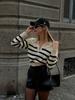 Retro Striped Polo Collar Wool Sweater for Women - Loose, Versatile Lapel Knitwear for Autumn