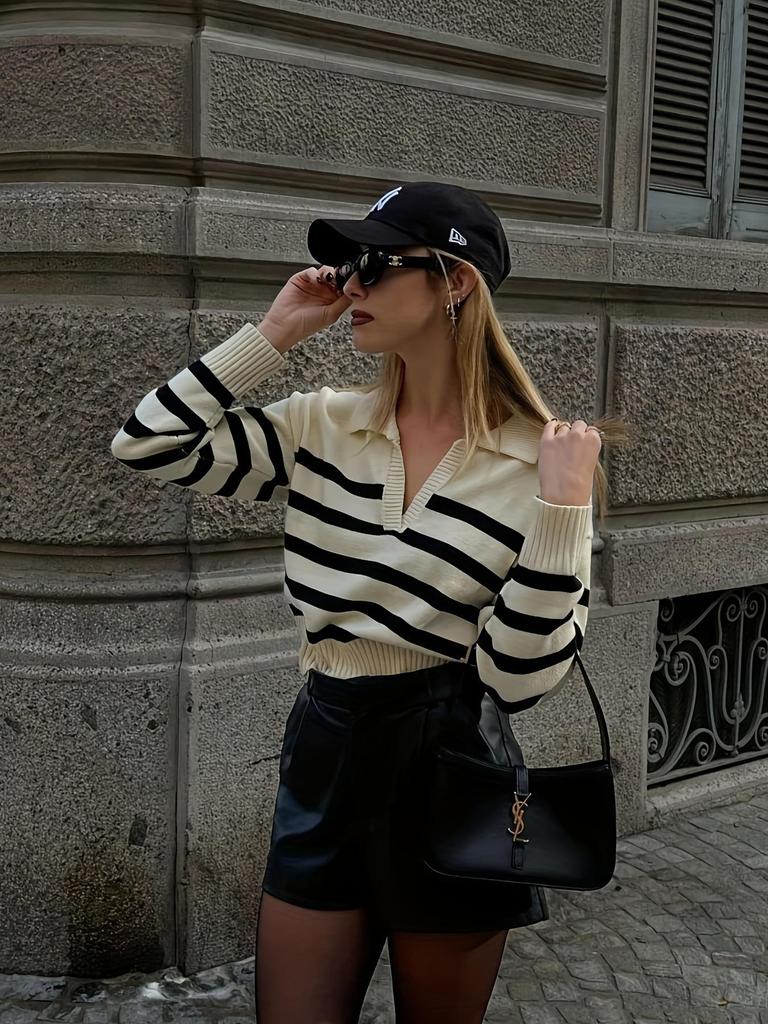 Retro Striped Polo Collar Wool Sweater for Women - Loose, Versatile Lapel Knitwear for Autumn