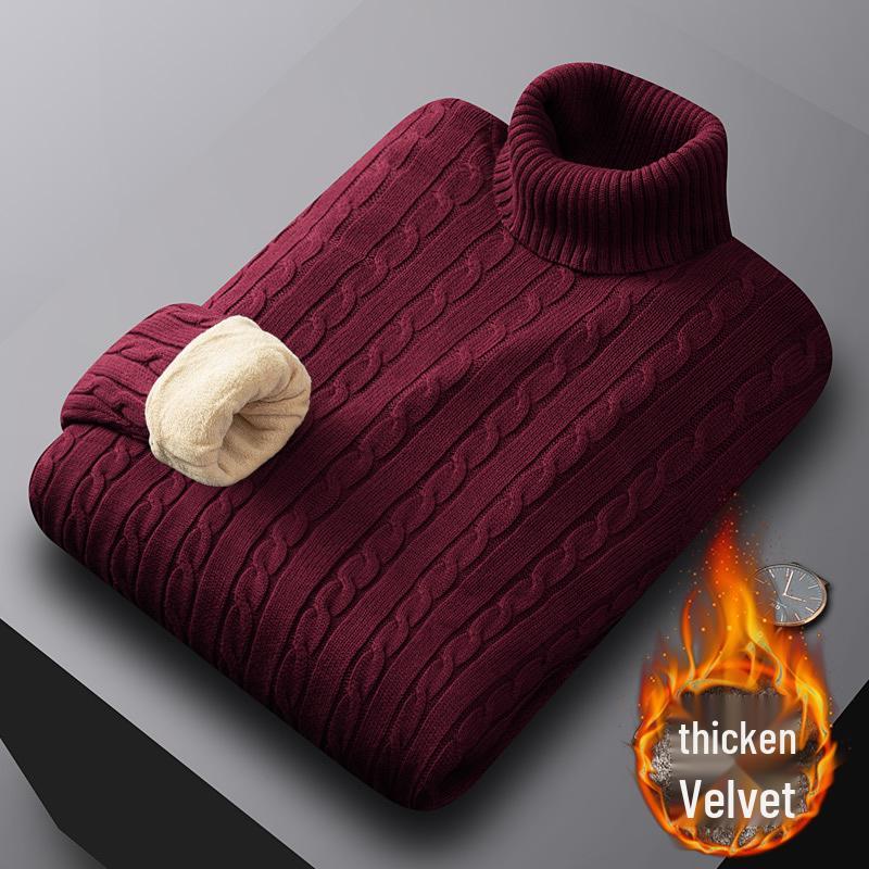 Men's Luxury All-Cotton Knitted Pullover - Thick, Solid Color, Velvet-Lined Cable Knit for Autumn and Winter