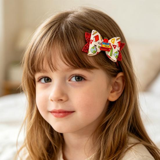 Glitter Bow Hair Clips for Girls Back to School Girls, Double Layer Artificial Leather Lightweight Bows Pin, Accessories with Secure Grip Design