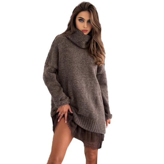 Women Sweater High Collar Long Sleeve Ribbed Trim Knitted Tops Solid Color Loose Fit Autumn Winter Casual Sweater