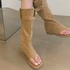 Women Sexy Black Suede Ruffled Boots Women  Summer Clip Toe Flat Gladiator Sandals Woman Western Cowboy Boots Sandals Mujer