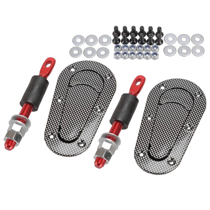 Flush Mounted Engine Hood Bonnet Quick Release Latch Pin Locking Kit No Key Black Carbon Fiber Texture for Racing Car