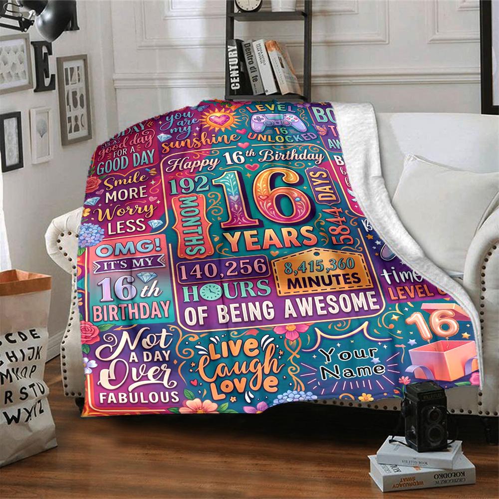 Happy 16Th Birthday Themed Blanket Personalized Name Soft Warm And Versatile For Sofa Bed Office And Travel Machine Washable Comfortable In All