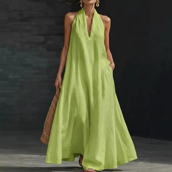 Sommer-Maxikleid für Damen, lässig, ärmellos, Neckholder, V-Ausschnitt, Revers, langes Kleid, Strandurlaub, fließendes Sommerkleid mit Taschen