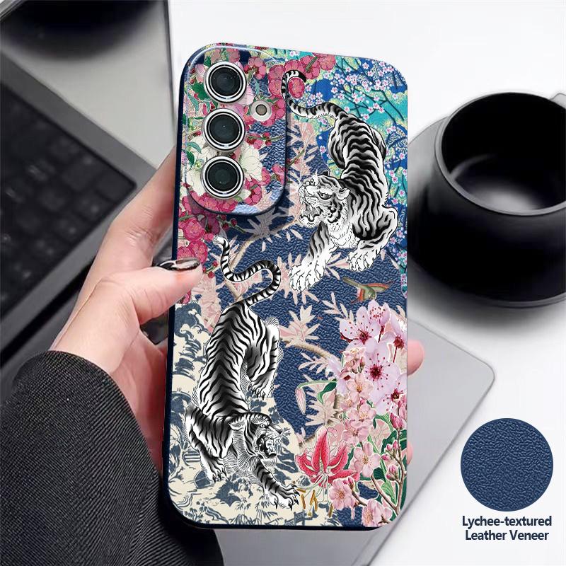 Coque Fleurie Rétro Rose Noire Pour Samsung S26 Ultra A57 A37 A17 A18 S25 S24 S23 S22 Ultra S21 FE A15 A35 A55 A16 A36 A56 5G Couverture Texture Cuir