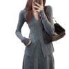 V-neck Elegant Style Autumn and Winter New Split-ended Sweater Two-piece Skirt + Bottom Knitted Sweater Set