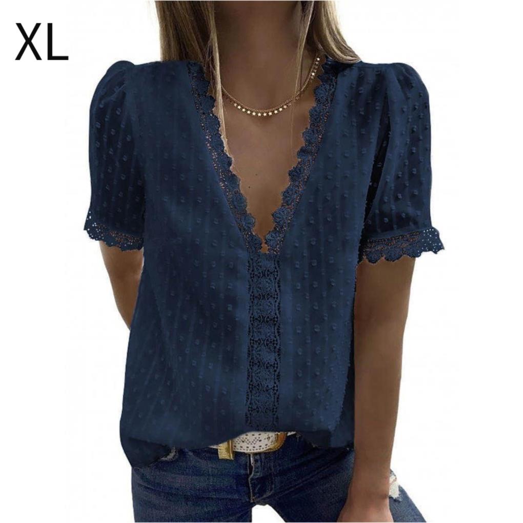 Woman T-shirt Short Sleeve V Neck Solid Color Casual Breathable Lace Loose Blouse Travelling Dating Working Shirt Clothing