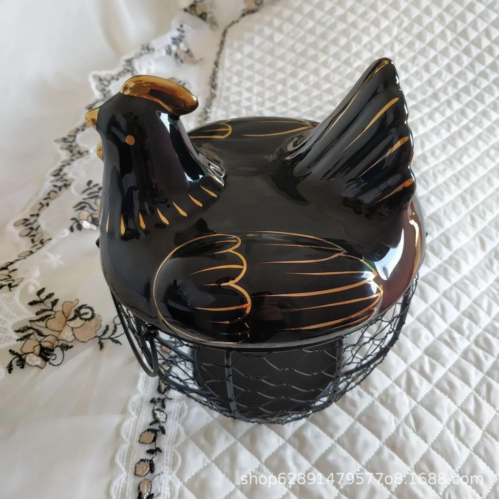 Cute Hen-shaped Egg Storage Basket Metal Wrought Iron Egg Basket with Lid Kitchen Food Debris Storage Container Home Decoration