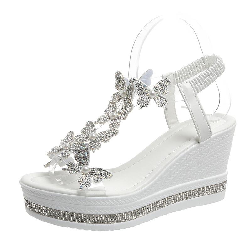 Fashion Butterfy Decorative Women's Wedge Sandals Summer New Hollow Open-toe Shoes Fashion Shiny Rhinestone Ladies Party Shoes Sandalias