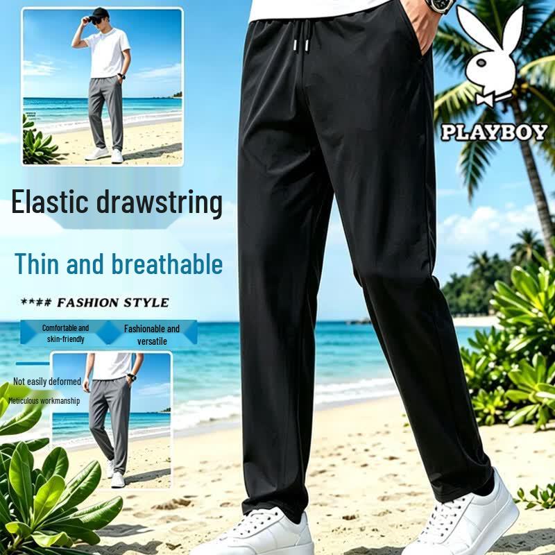 PLAYBOY Men s Summer Ice Silk Relaxed Straight Leg Sports Pants 2XL чёрный