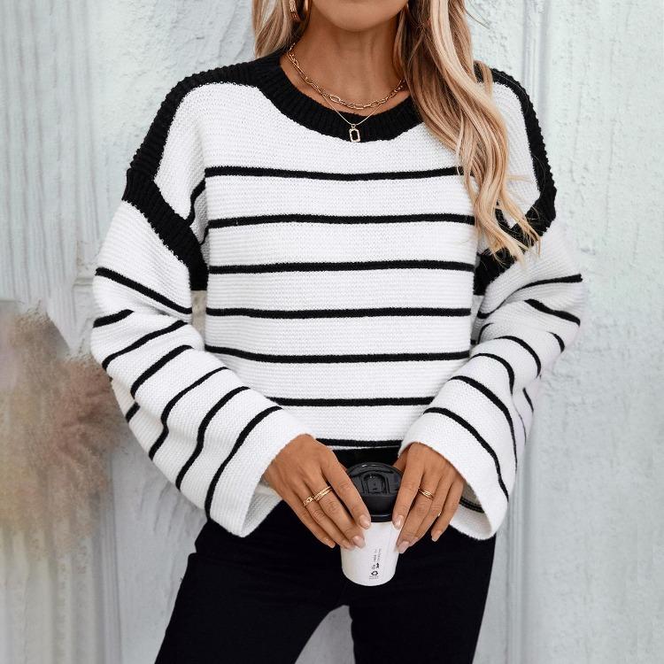 Vintage Stripe Cardigan Loose Knitwear Sweater Long Sleeve O Neck Top Autumn Winter
