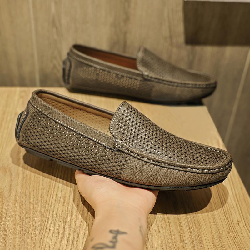 Summer Doudou Shoes Men's Single-layer Cowhide Punching Breathable Comfortable Soft Sole Lazy One-pedal Casual Loafers Men's Shoes