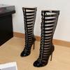 Fashion Luxury Women Boots Summer Fashion Hollow Out Cross Strap Knee High Boots Sandals for Women Zip Sexy Peep Toe Stripper Heels Shoe