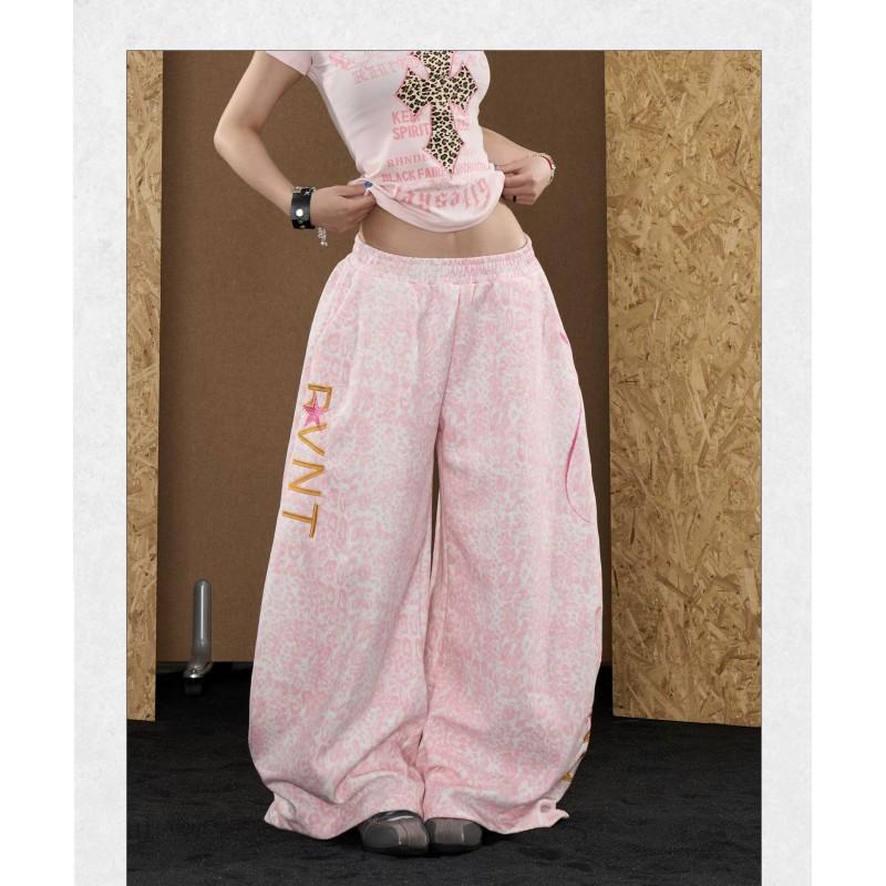 Womens Retro Leopard Print Pink Embroidered Wide Leg Pants Loose Casual Trousers