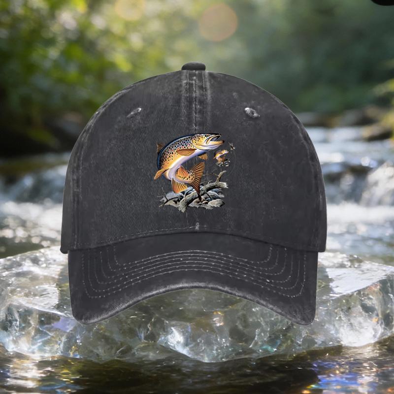 1pc Four Seasons Retro Washed Baseball Cap For Men Women Jumping Trout Fishing Print Black Outdoor Camping Hat