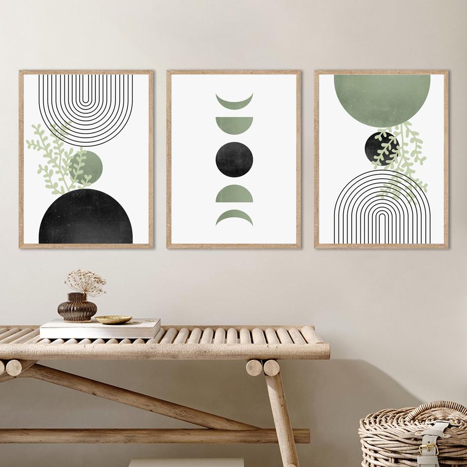 Canvas Painting Boho Green Leaf Abstract Geometric Vintage Posters Prints Wall Art Pictures Nordic Bedroom Living Room Decor