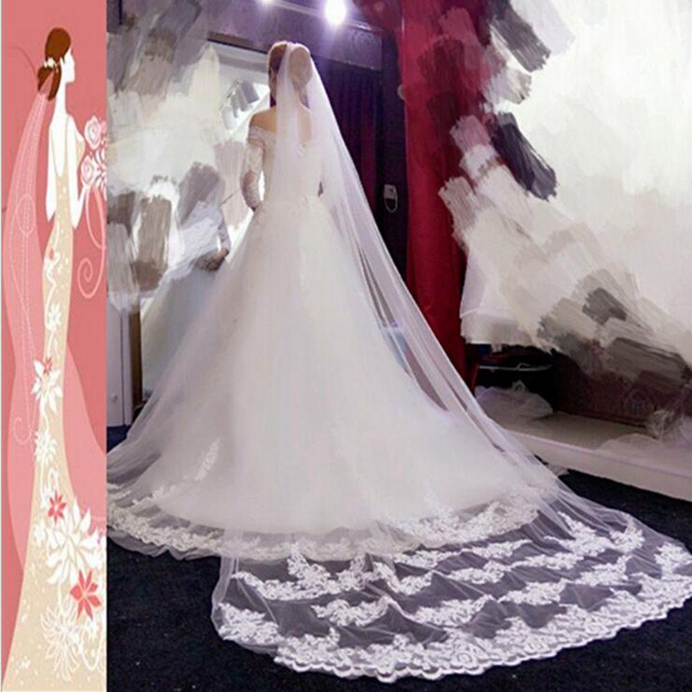 New White/Ivory One-tier Bridal Wedding Veil with Comb Edge Applique Tulle Lace