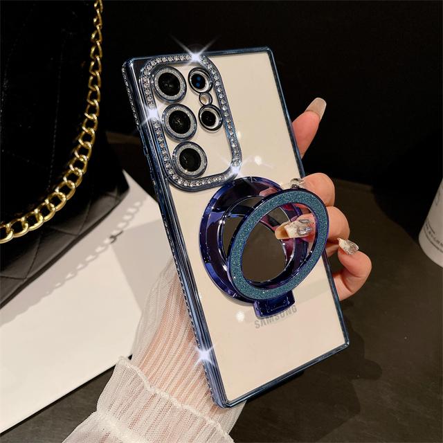 For Samsung Galaxy S24 Ultra Luxury Plating Diamond Frame Flash Mirror Stand Holder Phone Case For Samsung S22 S23 S25Plus Cover