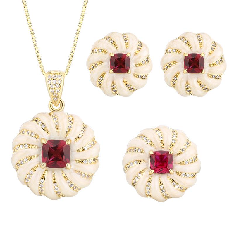 Jewelry Set Ornaments Stud Earrings Necklace Ring Luxury Vintage Court Enamel Square Women