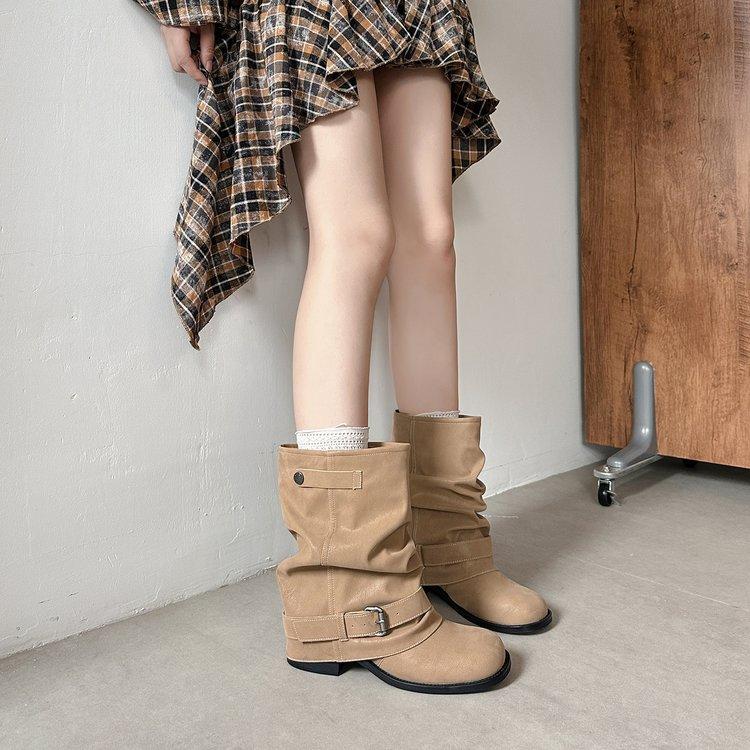 

Fashion Boots~ Inner Height Increasing Western Cowboy Pile Boots Women s 2025 Fall Pleated Pants Short Boots Vintage Boots 40 хаки