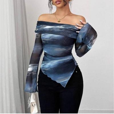 Women's Knitted Mesh Printed Boat Neck Off-Shoulder Long Sleeve Slim Fit T-Shirt Top