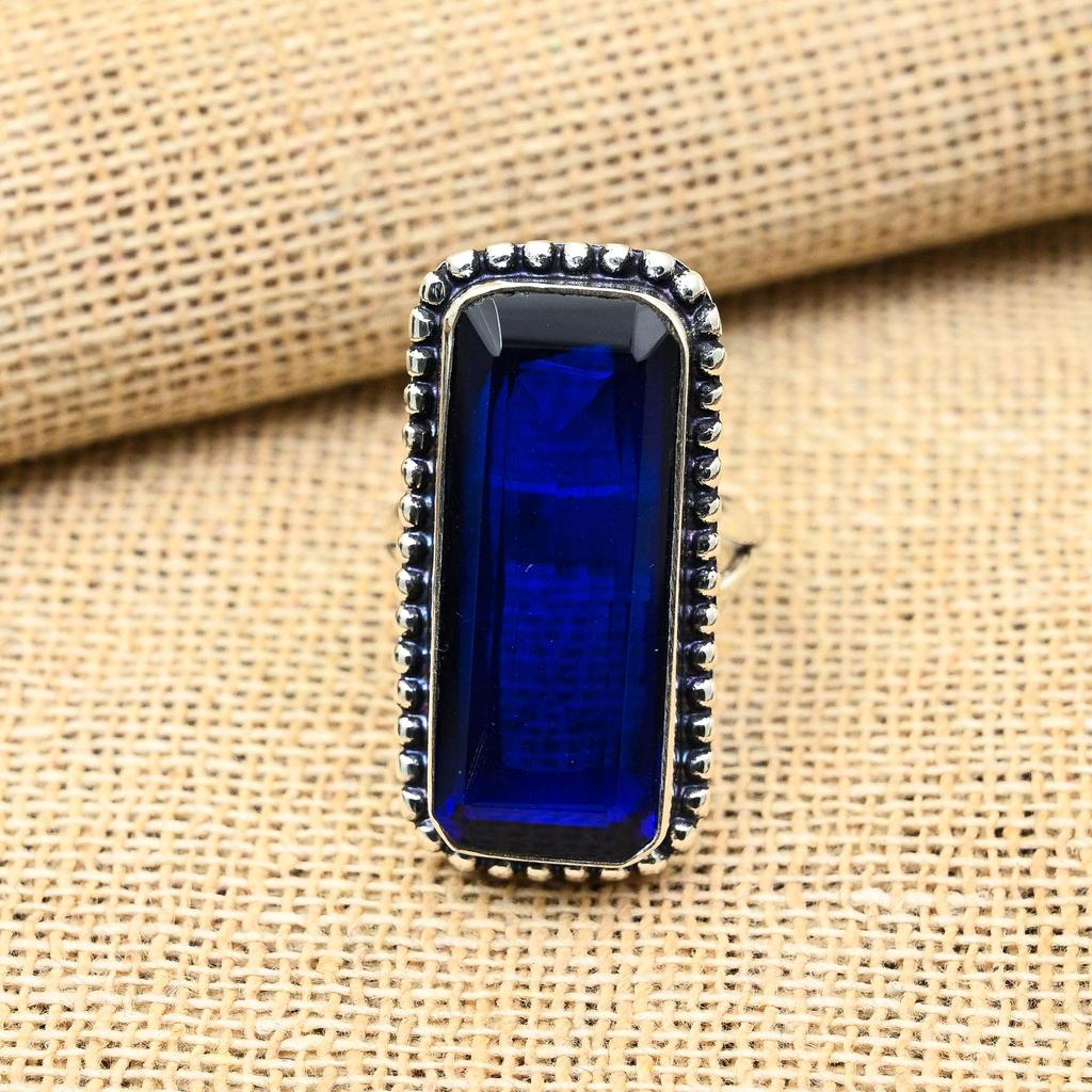 Blue Sapphire Lab-Created Gemstone Handmade 925 Solid Sterling Silver Ring Pendant