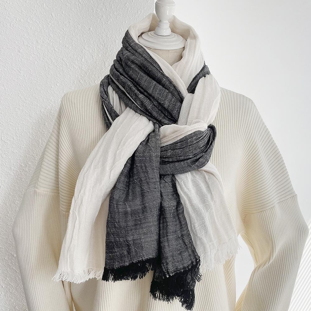 Japanese retro unisex contrasting cotton scarf autumn and winter color blocked tassel shawl men scarves 90x200cm
