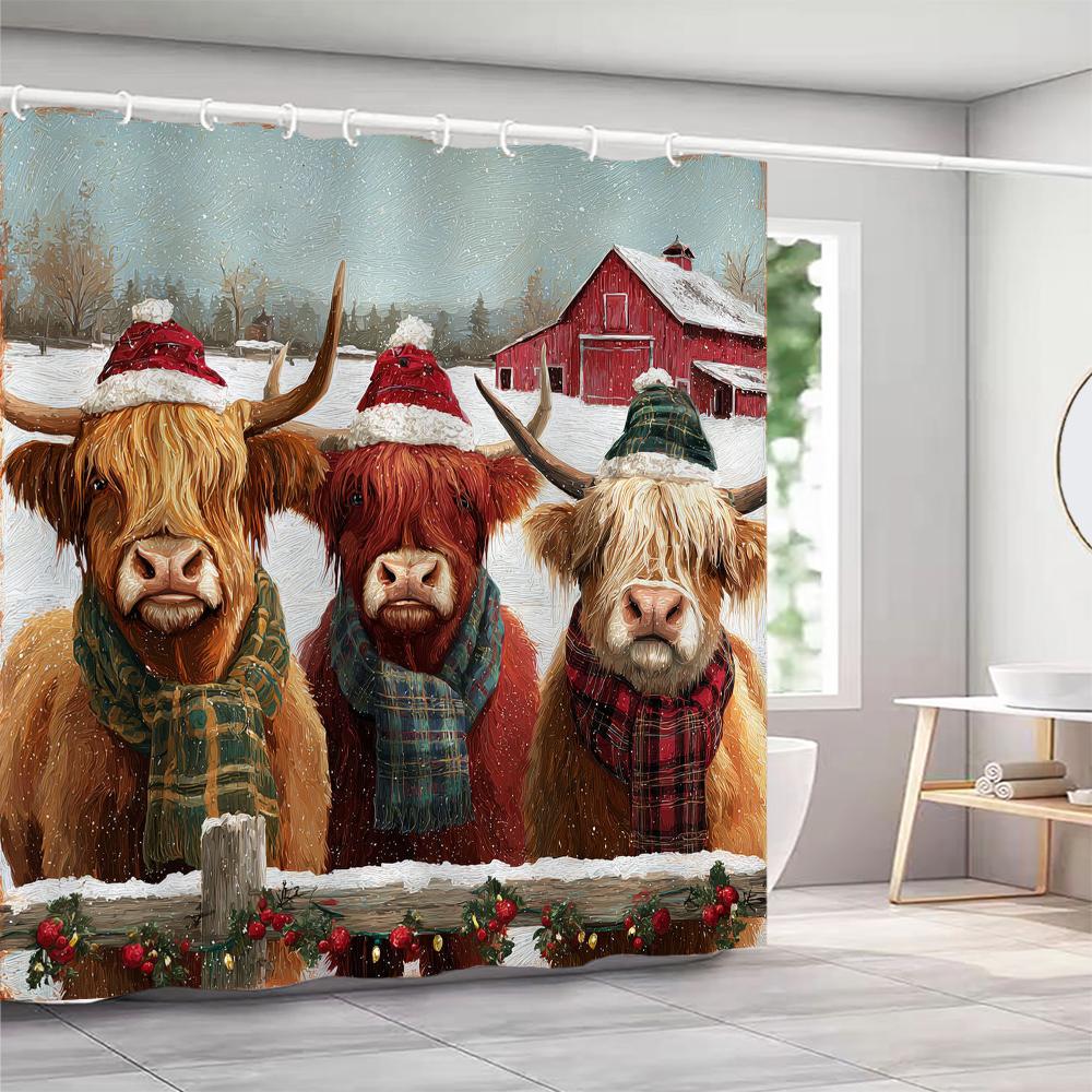 Christmas Shower Curtain, Bathroom Decorative Christmas Highland Cattle Shower Curtain, Waterproof Shower Curtain with Hooks