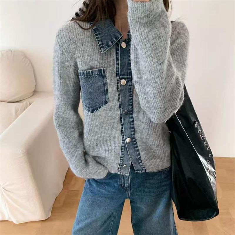 Korean-Style Denim Knit Polo Cardigan: Women's Loose-Fit Fashionable Autumn/Winter Sweater