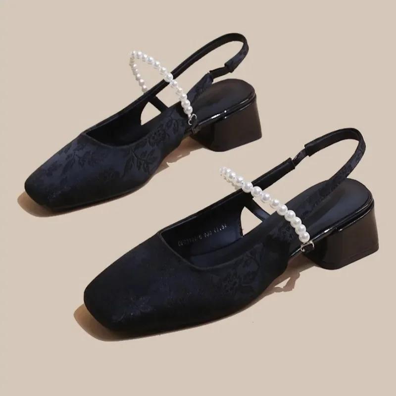 Fashion Shoes for Women 2025 New High Quality Women's High Heels Square Toe Print Med Heel Dress Pumps Elegant Slingbacks Sandals