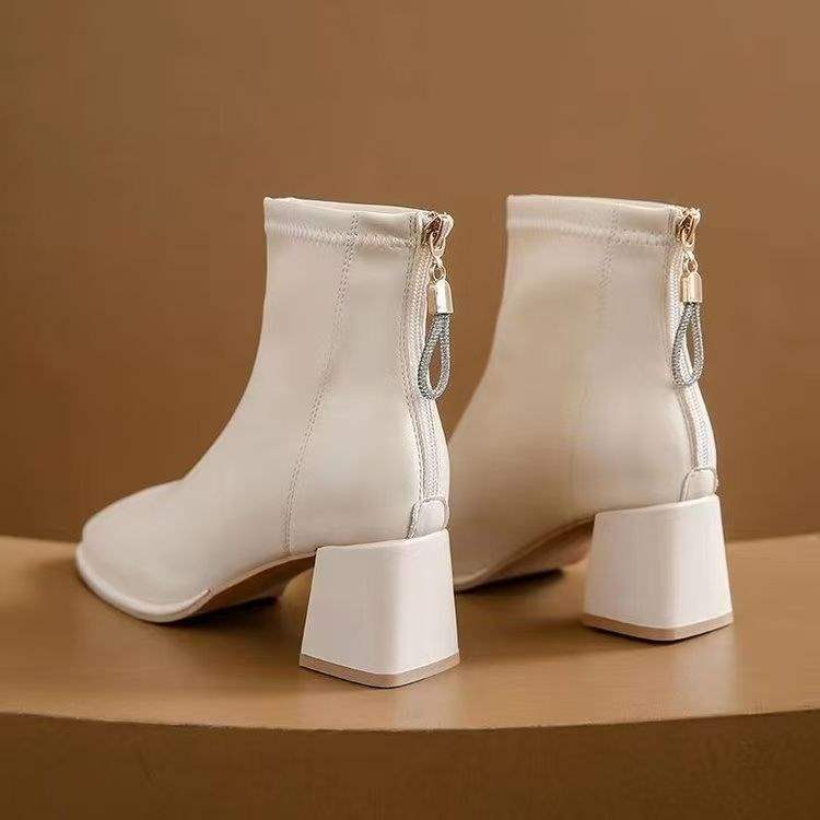 French soft leather short boots ankle boots 2025 new autumn and winter thick heel Martin boots square head velvet short tube thin boots women